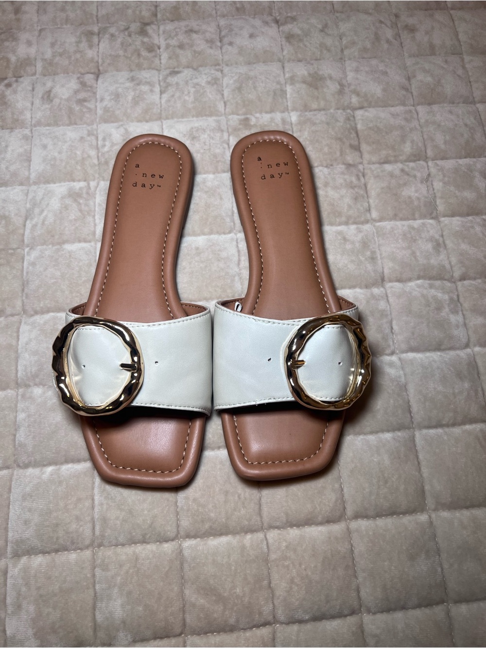 a new day White Slide Sandals with Gold Accent Buckle